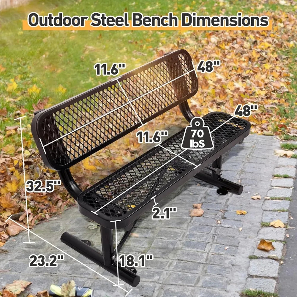 4FT Heavy Duty Park Bench with Back Portable Frame, Outdoor Metal Park Bench with Backrest, Steel Mesh Outdoor Bench for Garden,