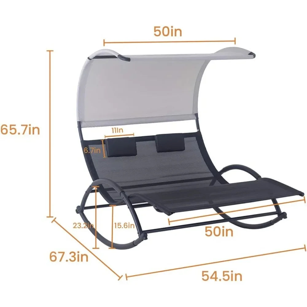 Outdoor Double Chaise Lounge Chair Swing Rocking Portable Hammock Bed Loveseat with Sun Shade & Wheels for Patio, Yard, Pool (B