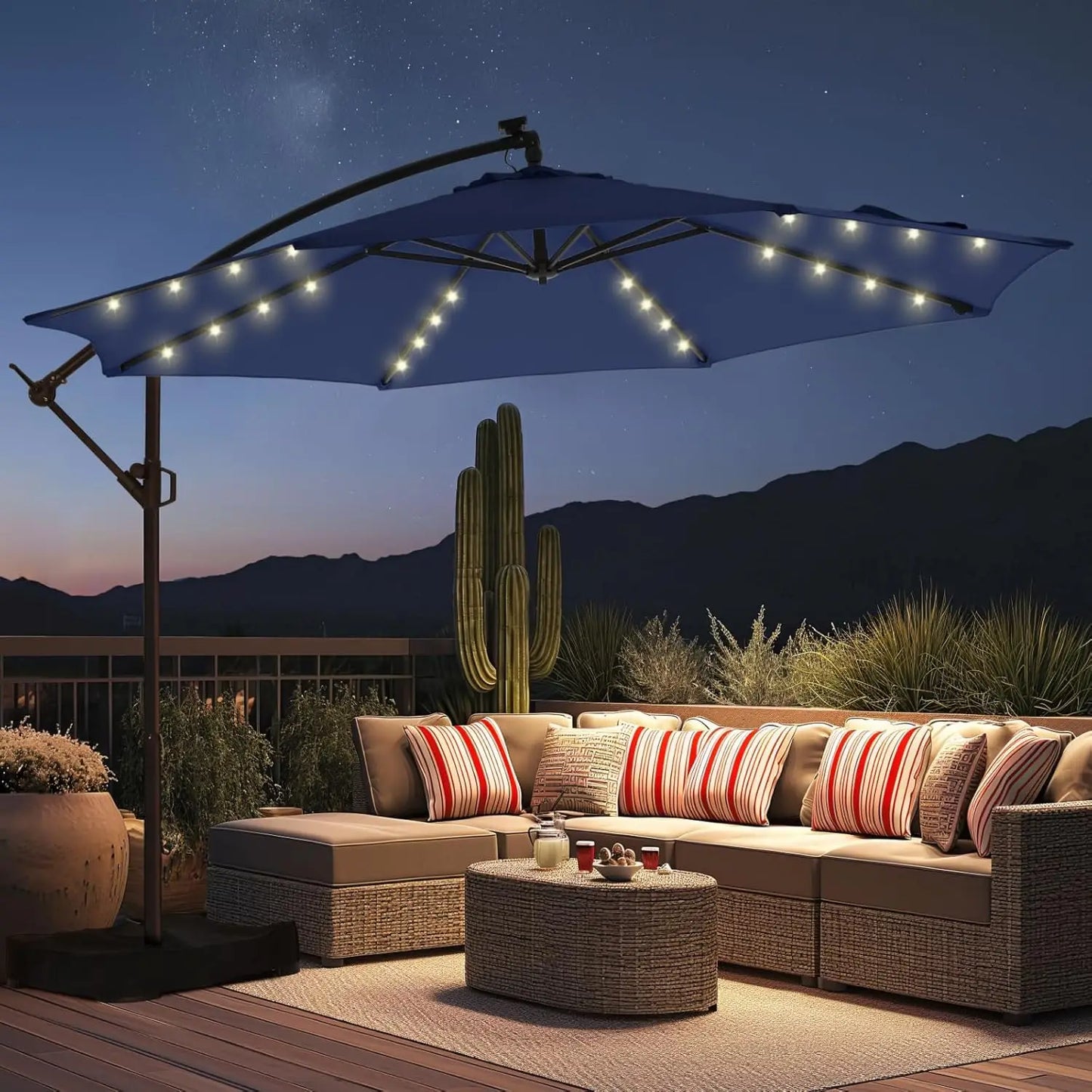 10ft Solar Lights Offset Cantilever Patio Umbrella- with Light and Base,LED Lighted Offset Hanging Patio Outdoor Market Umbrella