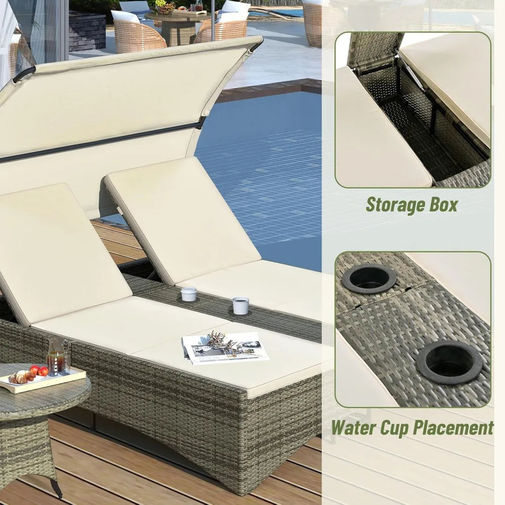 Outdoor Bed Patio Daybed with Shelter Roof, Outdoor Rattan Sun Lounger with Adjustable Backrest, Storage Box and 2 Cup Holders