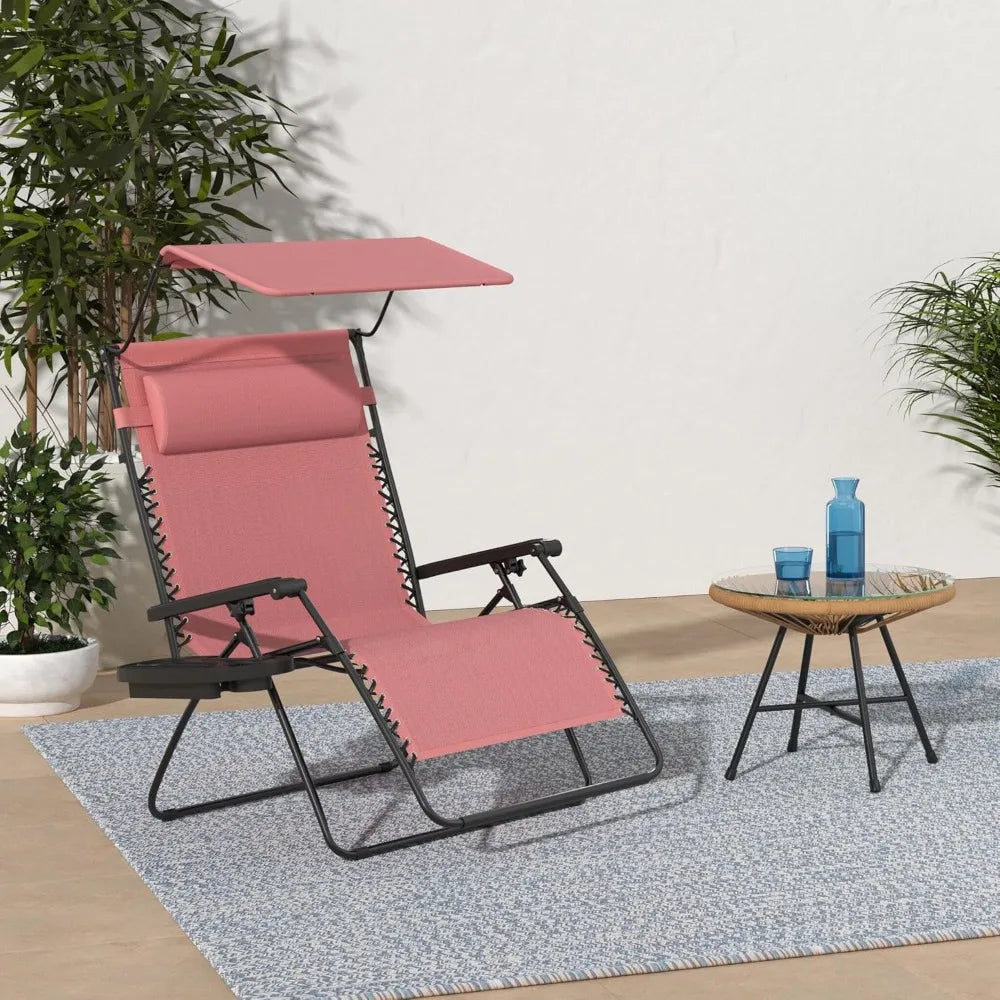 Folding Zero Gravity Outdoor Recliner Patio Lounge Chair w/Adjustable Canopy Shade, Headrest, Side Accessory Tray,