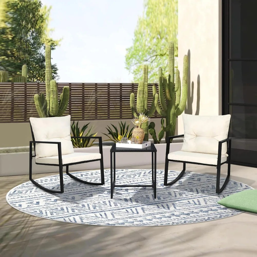 3 Piece Outdoor Rocking Bistro Set Black Wicker Furniture Porch Chairs Conversation Sets with Glass Coffee Table