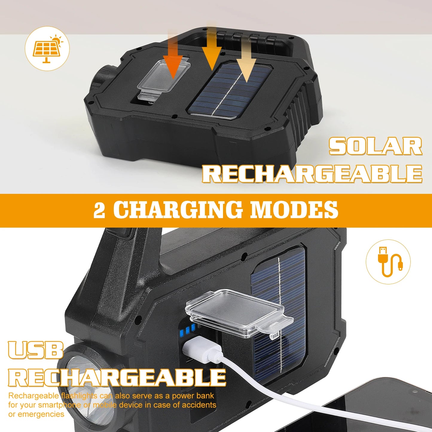 2000LM Solar-Powered LED Flashlight - Rechargeable Camping/Work Light with 6 Modes, IPX7 Waterproof for Outdoor Emergency Hiking