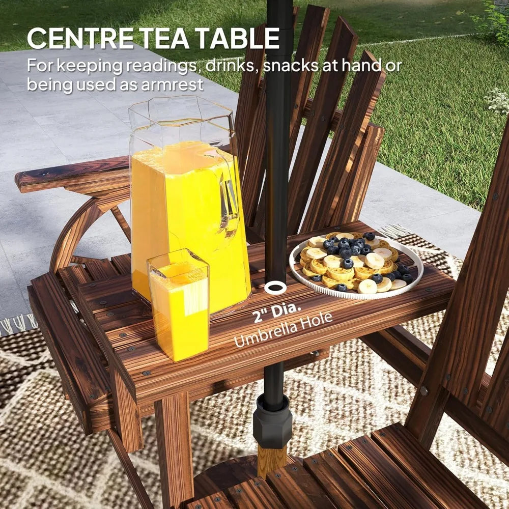 Wooden Garden Bench with Table, Umbrella Hole, 2-Seat Wagon Wheel Outdoor Bench with Slatted Seat, High Backrest, Armrests for