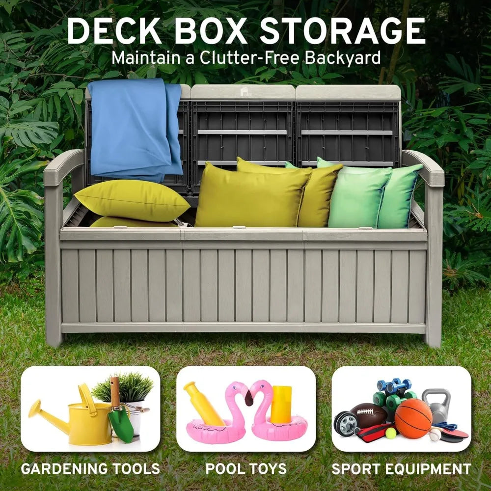 3 Seat Outdoor Storage Bench - 90 Gallon Capacity - Weatherproof Resin Bench for Patio, Porch, Garden, Yard, Pool Area - Furnit