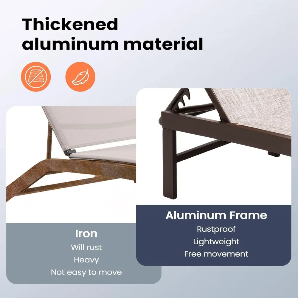 Outdoor Lounge Chair, Patio Aluminum Frame Chaise Lounge with Adjustable Backrest, Rustproof Pool Lounge Chairs for