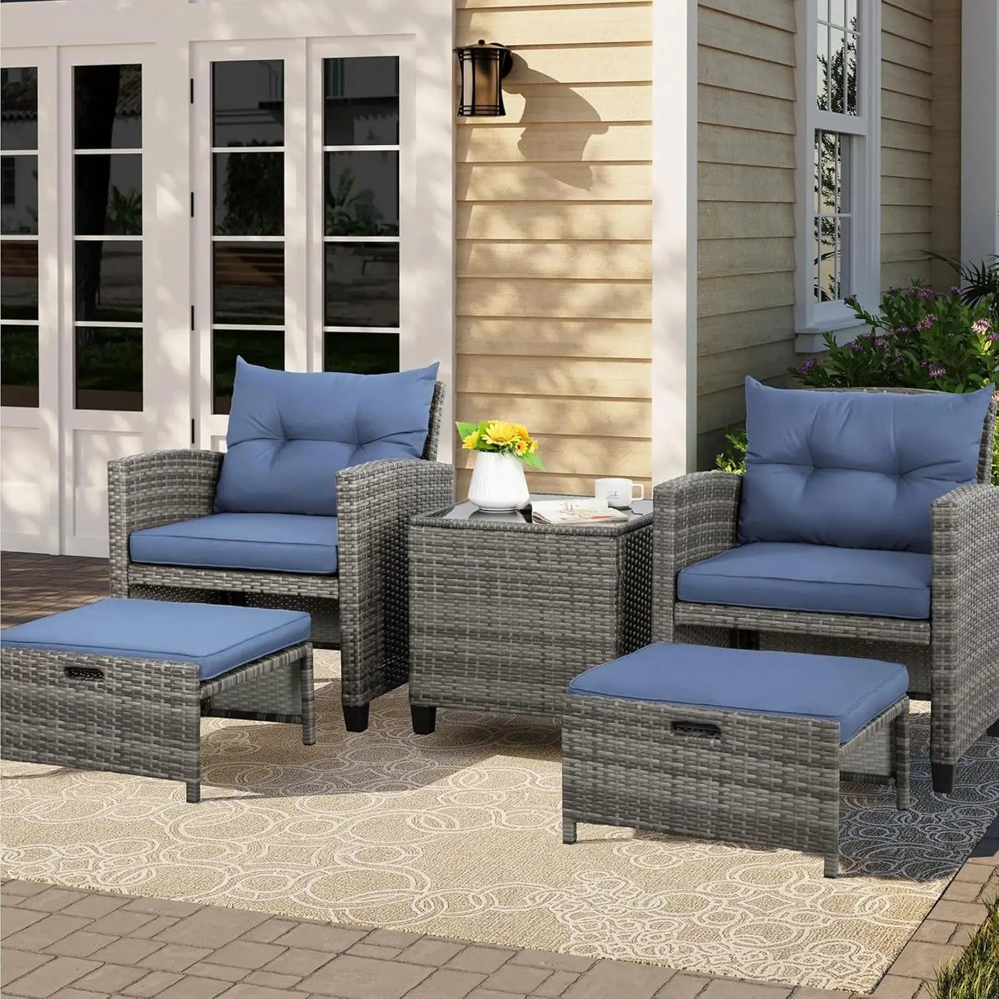 5 Piece Patio Furniture Set, Small Balcony Furniture, PE Wicker Rattan Patio Chairs Set of 2, Outdoor Lounge Chairs