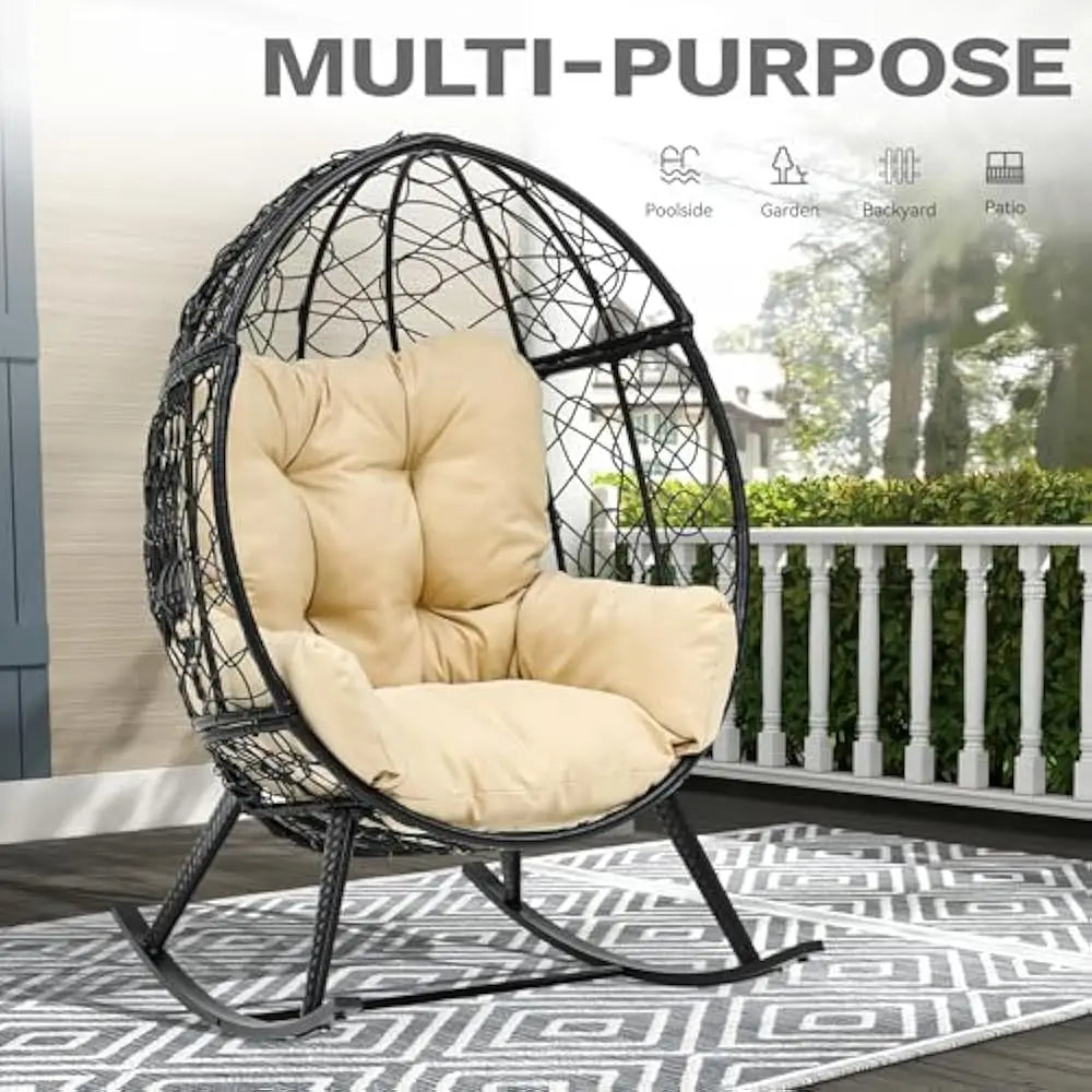 Wicker Rocking Egg Chair, Rattan Rocking Chairs, Indoor/Outdoor Lounger for Patio, Backyard, Living Room, Garden Egg Chair
