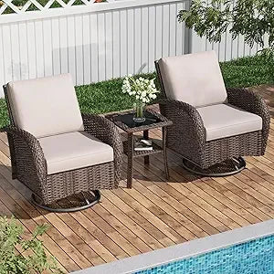 3 Pieces Rattan Wicker Patio Furniture Set,Outdoor Swivel Chairs Set of 2 with Table,Patio Bistro Conversation Sets with Temper