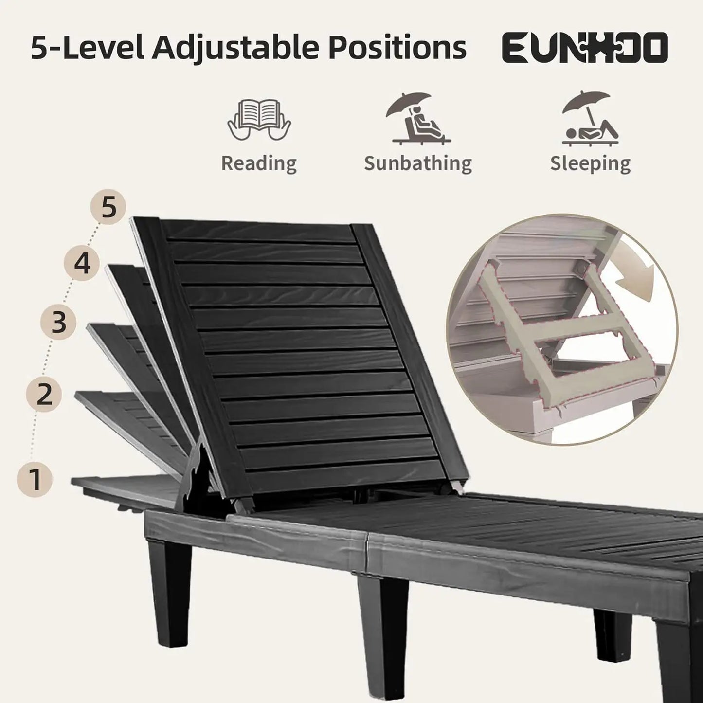 Chaise Lounge Outdoor Set of 4,Adjustable Pool Lounge Chair with 5 Positions Backrest, Waterproof Sun Loungers .Black