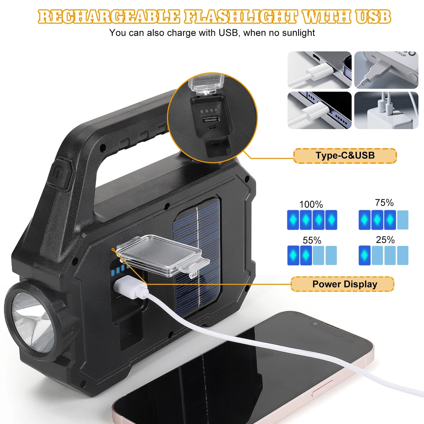 2000LM Solar-Powered LED Flashlight - Rechargeable Camping/Work Light with 6 Modes, IPX7 Waterproof for Outdoor Emergency Hiking