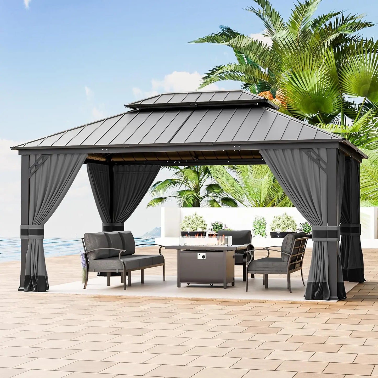 Hardtop Gazebo Outdoor Aluminum Frame Permanent Gazebo Galvanized Steel Double Roof Gazebos with Nettings and
