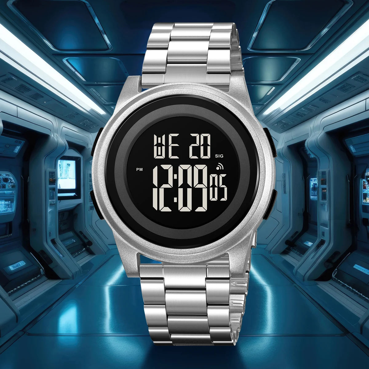 LED Digital Watches Men Sports 5Bar Waterpoof Alarm Clock Alloy Case Electronic Wrist Watches Stainless Steel Watch