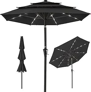 10ft 3-Tier Solar Patio Umbrella, Outdoor Market Sun Shade for Backyard, Deck, Poolside w/ 24 LED Lights, Tilt Adjustment, Easy