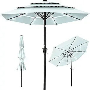 10ft 3-Tier Solar Patio Umbrella, Outdoor Market Sun Shade for Backyard, Deck, Poolside w/ 24 LED Lights, Tilt Adjustment, Easy