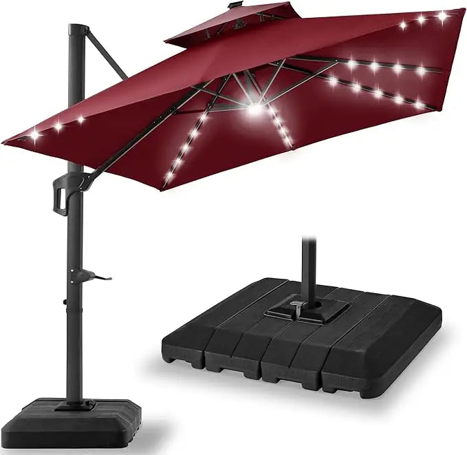 10x10ft Cantilever Patio Umbrella w/Base Included, Solar LED Lights 360 Rotation Large Offset Hanging Outdoor Shade for Deck Po