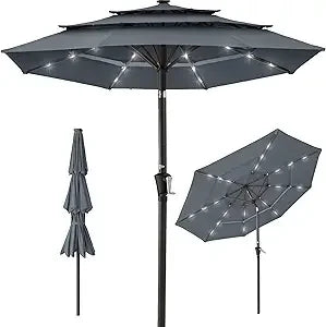 10ft 3-Tier Solar Patio Umbrella, Outdoor Market Sun Shade for Backyard, Deck, Poolside w/ 24 LED Lights, Tilt Adjustment, Easy