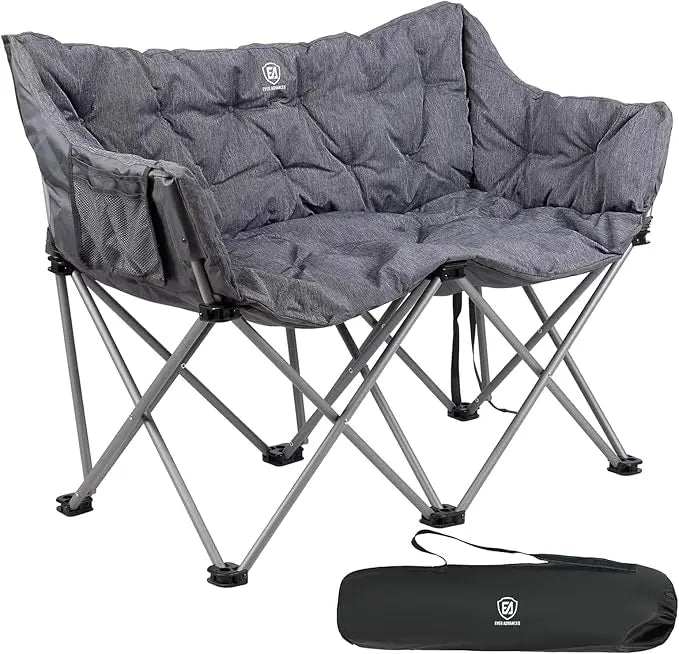 Double Camping Chair for Adults, Padded Folding Camping Love Seat Bench with Side Pocket Portable Camping Couch, Two Person Hea