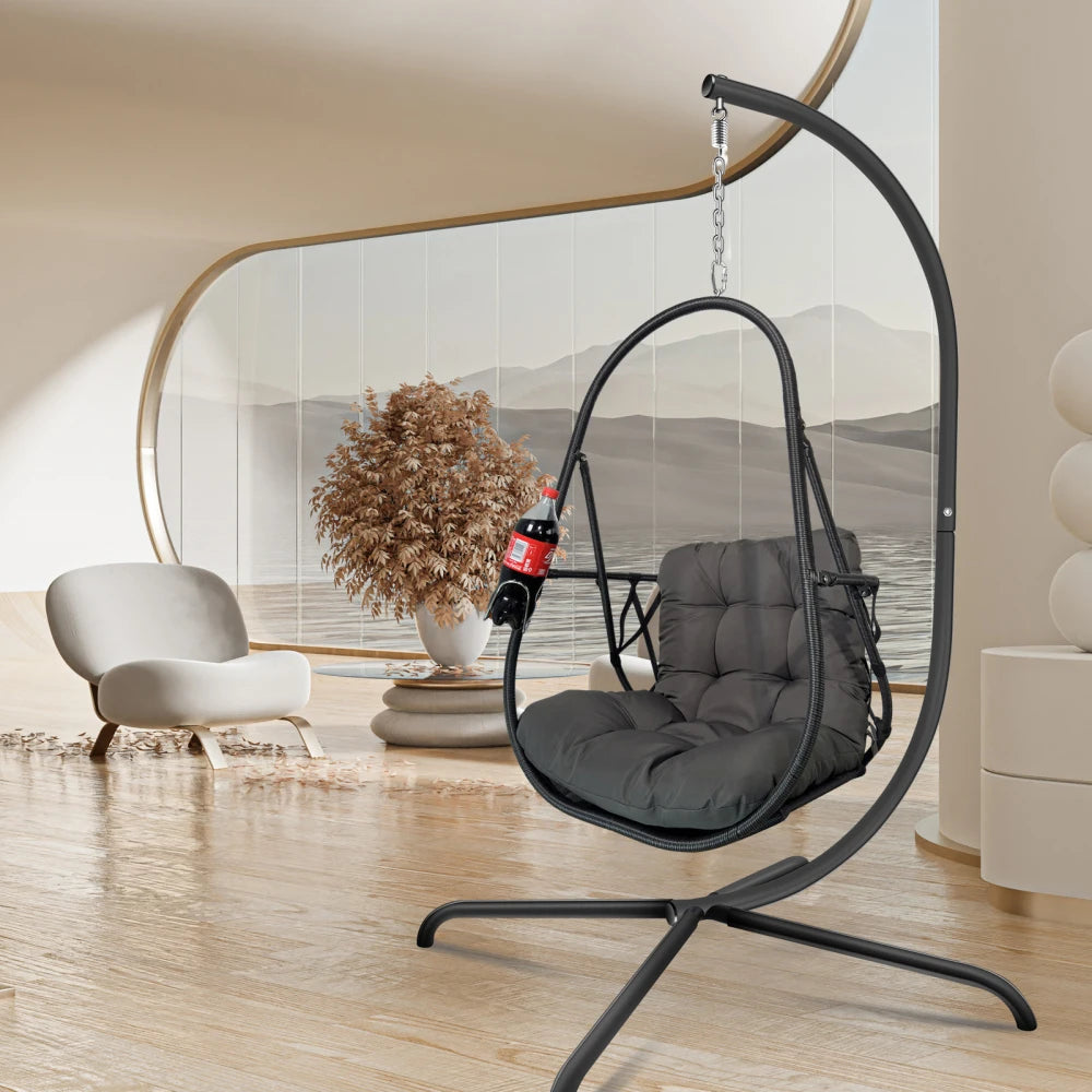 Swing Egg Chair with Stand Indoor Outdoor Wicker Rattan Patio Basket Hanging Chair with C Type bracket , with cushion and pillow