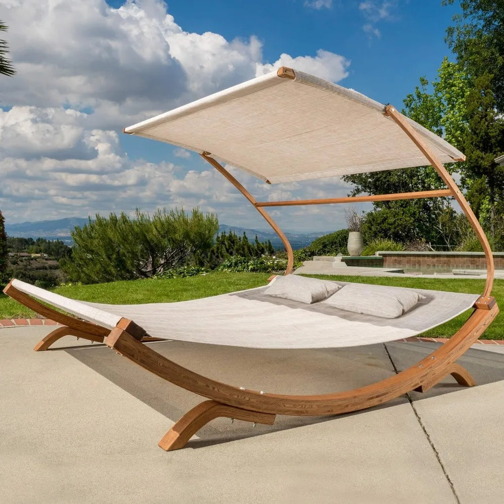 Outdoor Patio Lounge Daybed Hammock with Adjustable Shade Canopy, Teak Hammocks