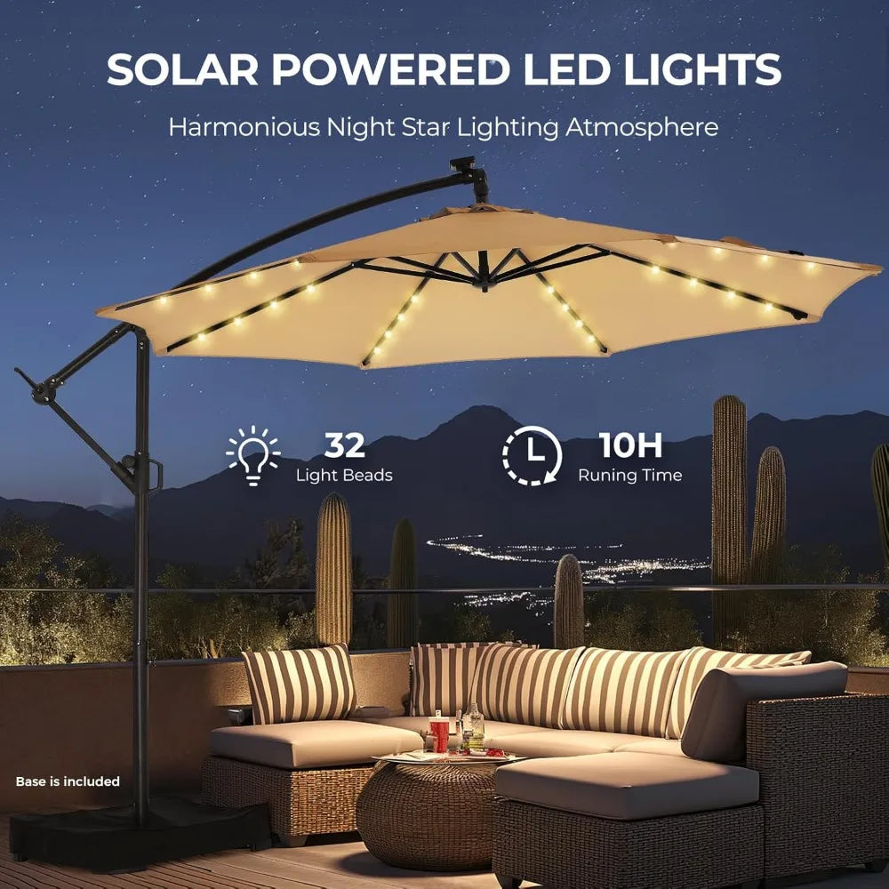 10ft Solar Lights Offset Cantilever Patio Umbrella- with Light and Base,LED Lighted Offset Hanging Patio Outdoor Market Umbrella