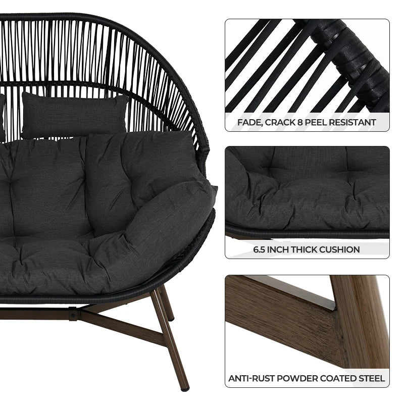 Outdoor Oversize 2-person Chair,Modern Garden 2-Seat Wicker Egg Chair with Cushion, Stationary Patio Loveseat Accent Chair
