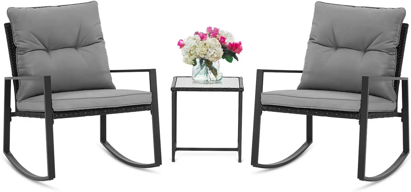 3 Piece Outdoor Rocking Bistro Set Black Wicker Furniture Porch Chairs Conversation Sets with Glass Coffee Table