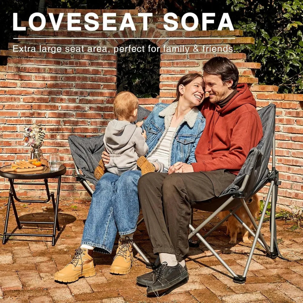 Double Camping Chair for Adults, Padded Folding Camping Love Seat Bench with Side Pocket Portable Camping Couch, Two Person Hea