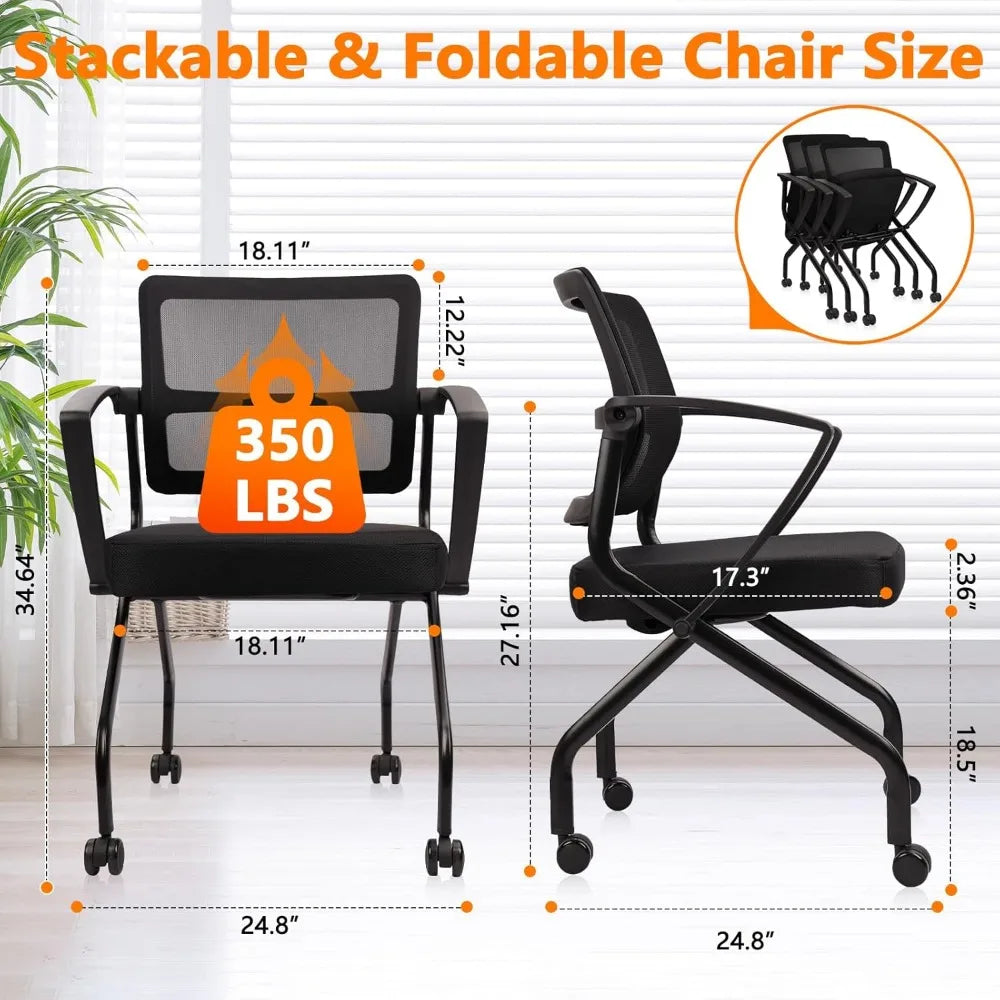 Stackable Foldable Ergonomic Office Chair with Lumbar Support and Thick Cushion, Folding Mesh Fabric Reception Guest Chair with