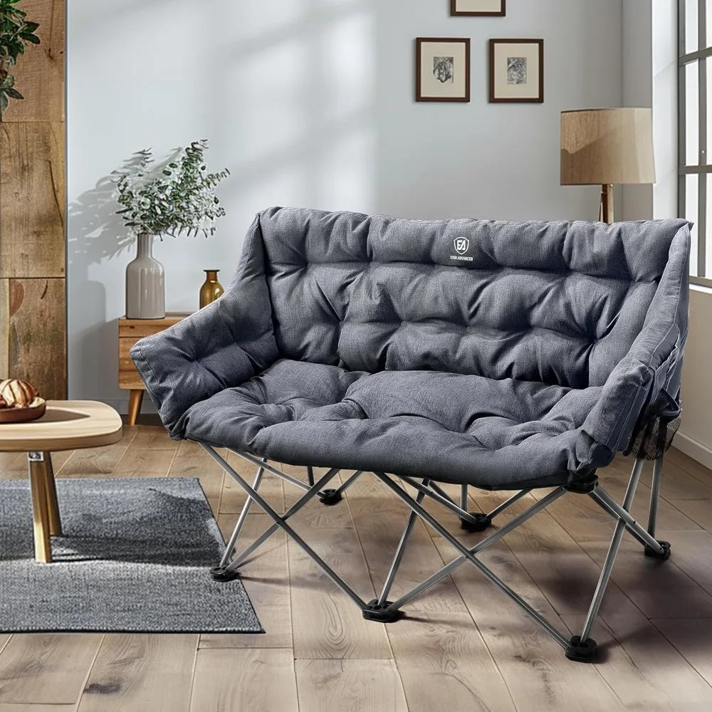 Double Camping Chair for Adults, Padded Folding Camping Love Seat Bench with Side Pocket Portable Camping Couch, Two Person Hea