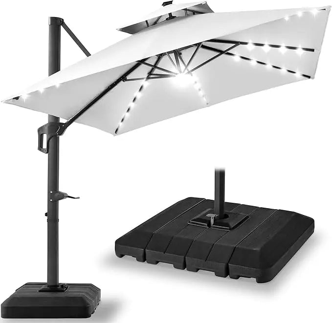 10x10ft Cantilever Patio Umbrella w/Base Included, Solar LED Lights 360 Rotation Large Offset Hanging Outdoor Shade for Deck Po