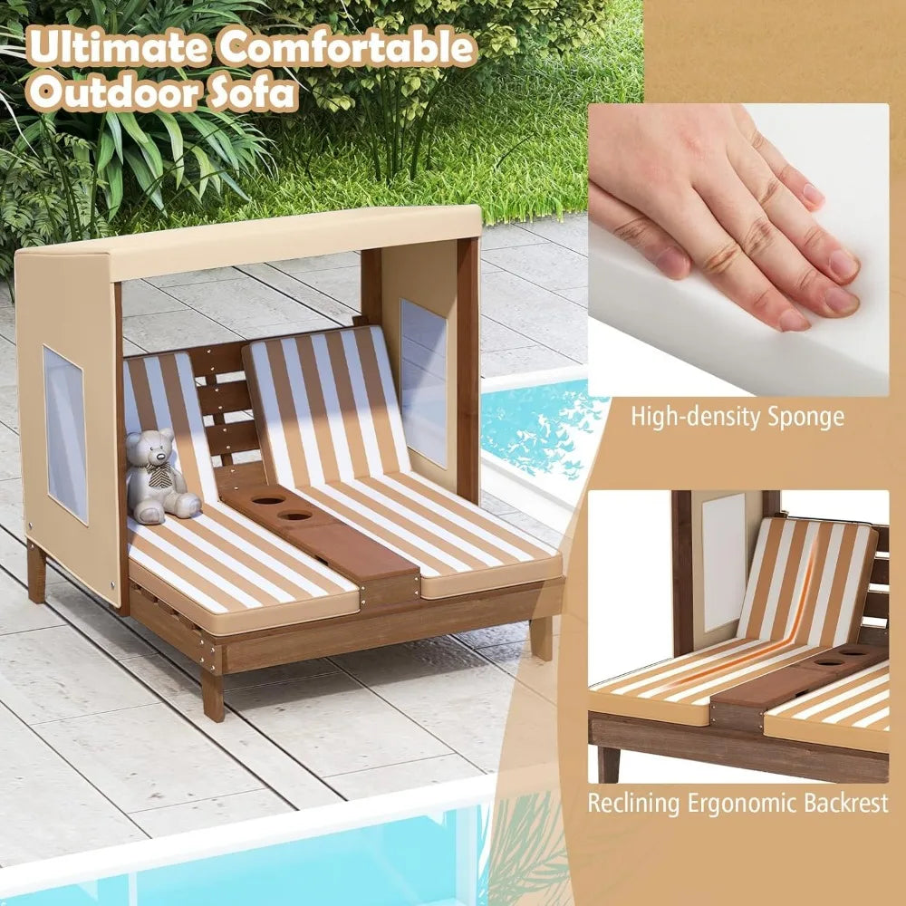Kids Chaise Lounge Chair Outdoor, Toddler Wood Double Pool Lounger Chairs w/Canopy, Cup Holders, Removable Stripped Fabric Cush