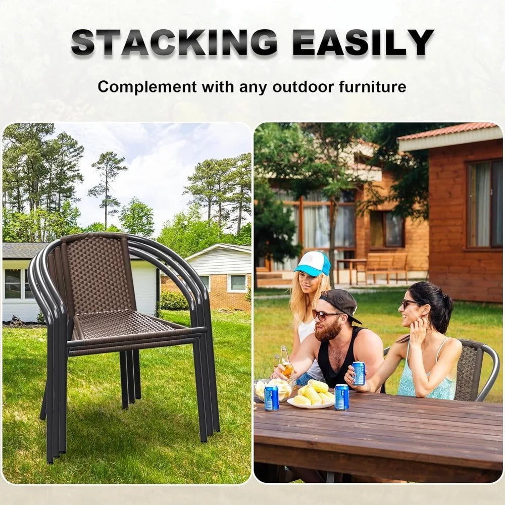 Patio Dining Chairs Set of 4, Outdoor Rattan Stackable Chairs for All Weather, Support 330 LBS, Metal Heavy Duty Portable Chair