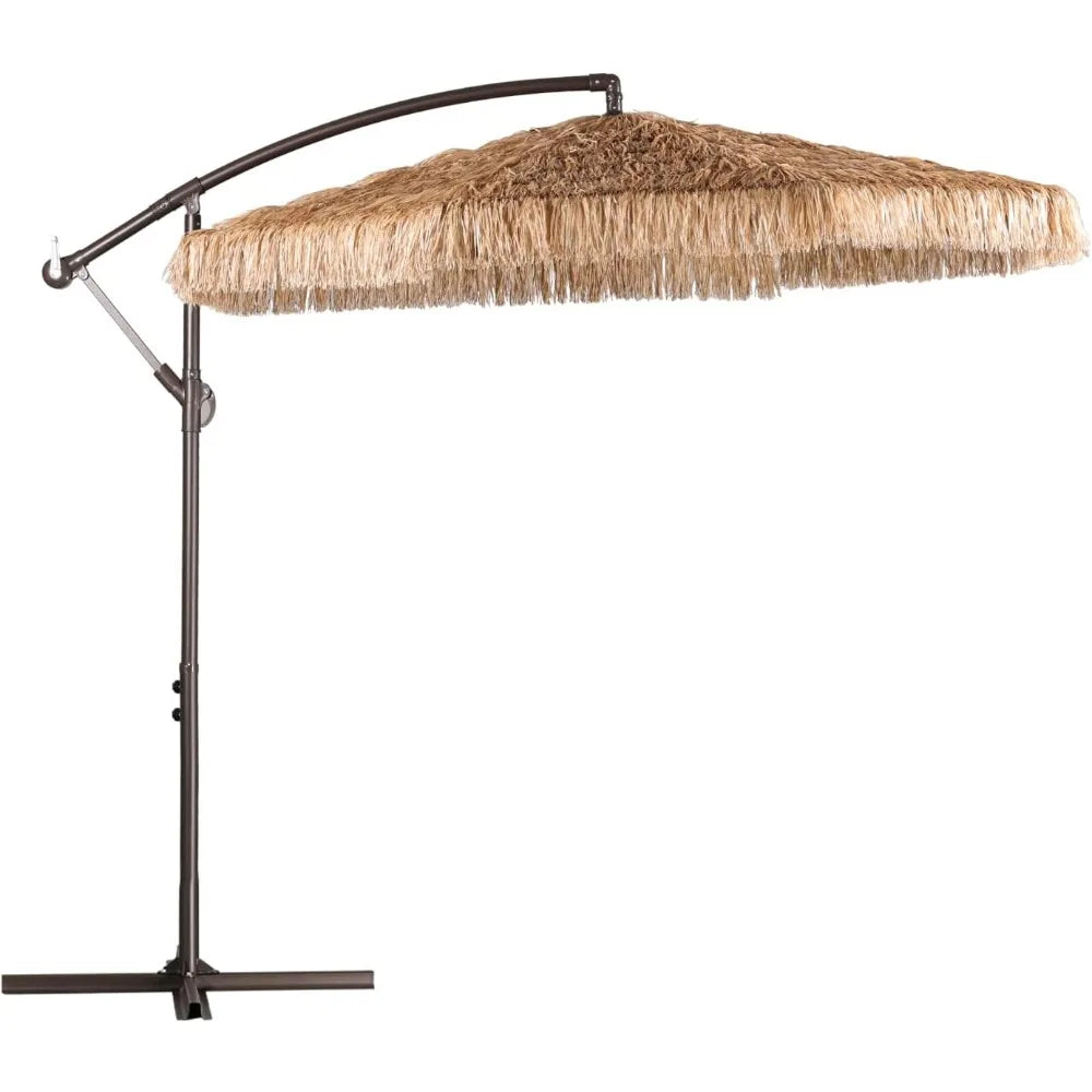 No Base Cantilever Tiki Thatch Patio Umbrella, Hand-Push Tilt Offset Umbrella for Outdoor, Poolside, Backyard