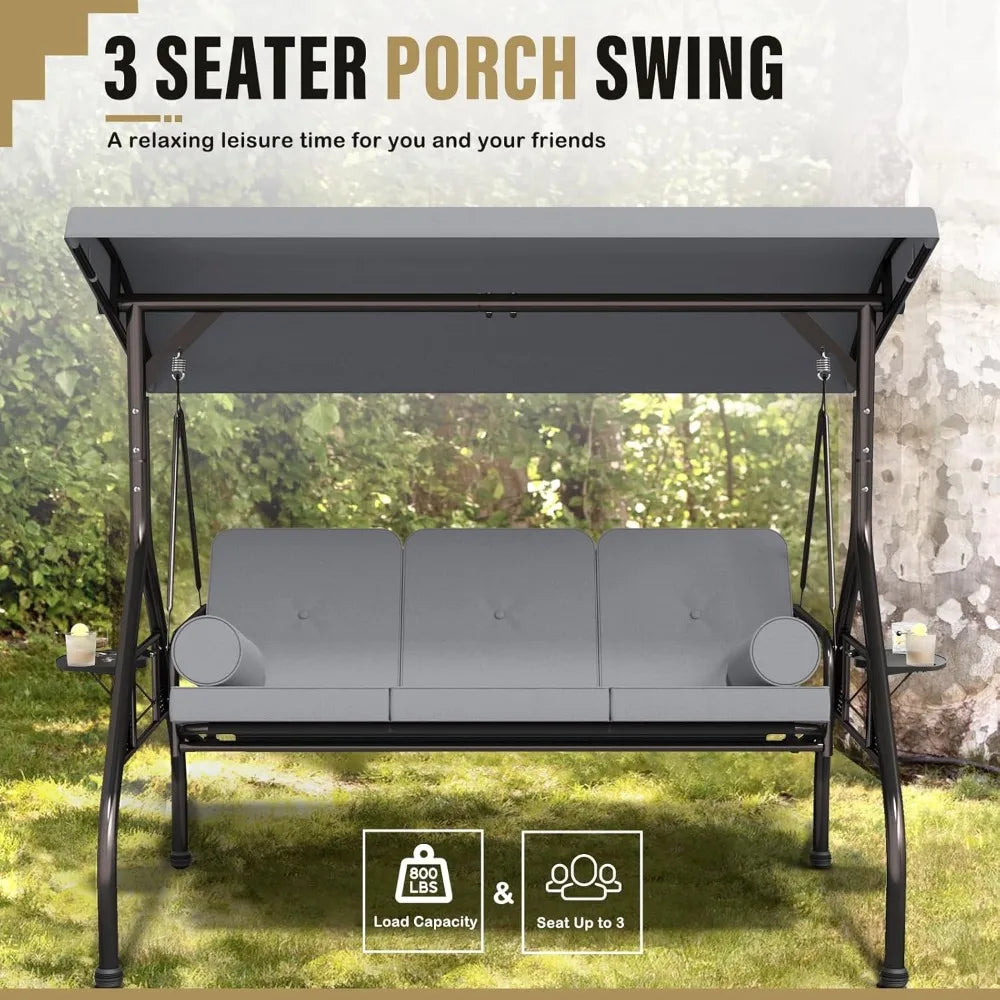3-Seat Patio Swing Chair, Outdoor Porch Swing with Cushions,Pillows & Cup Holders, Adjustable Canopy Outside Bench Swing for Ba