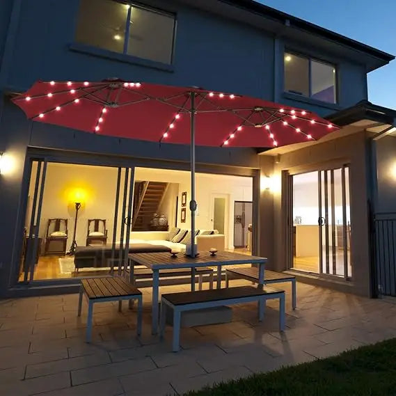 15 Ft Double Sided Patio Umbrella with Solar Lights, Extra Large Rectangle Outdoor Umbrella with 36 LED Lights & Crank Handle f