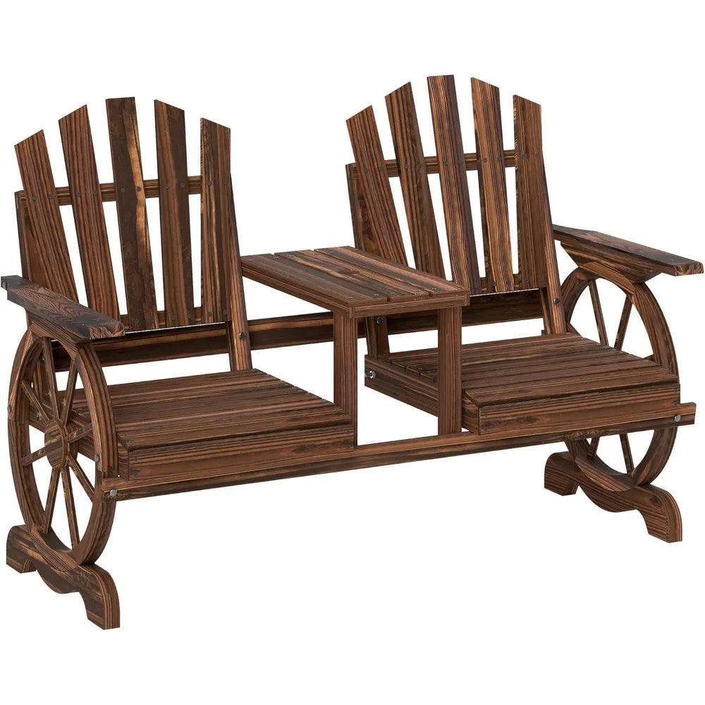 Wooden Garden Bench with Table, Umbrella Hole, 2-Seat Wagon Wheel Outdoor Bench with Slatted Seat, High Backrest, Armrests for