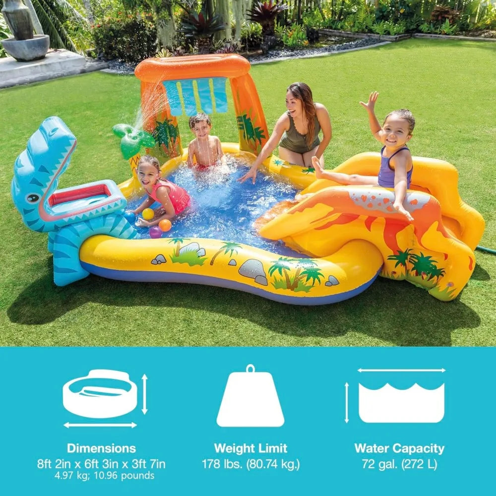 Inflatable Dinosaur Play Center Outdoor Playhouse Inflatable Water Park with Kid Pool Slide, Water Sprayer, Waterfall
