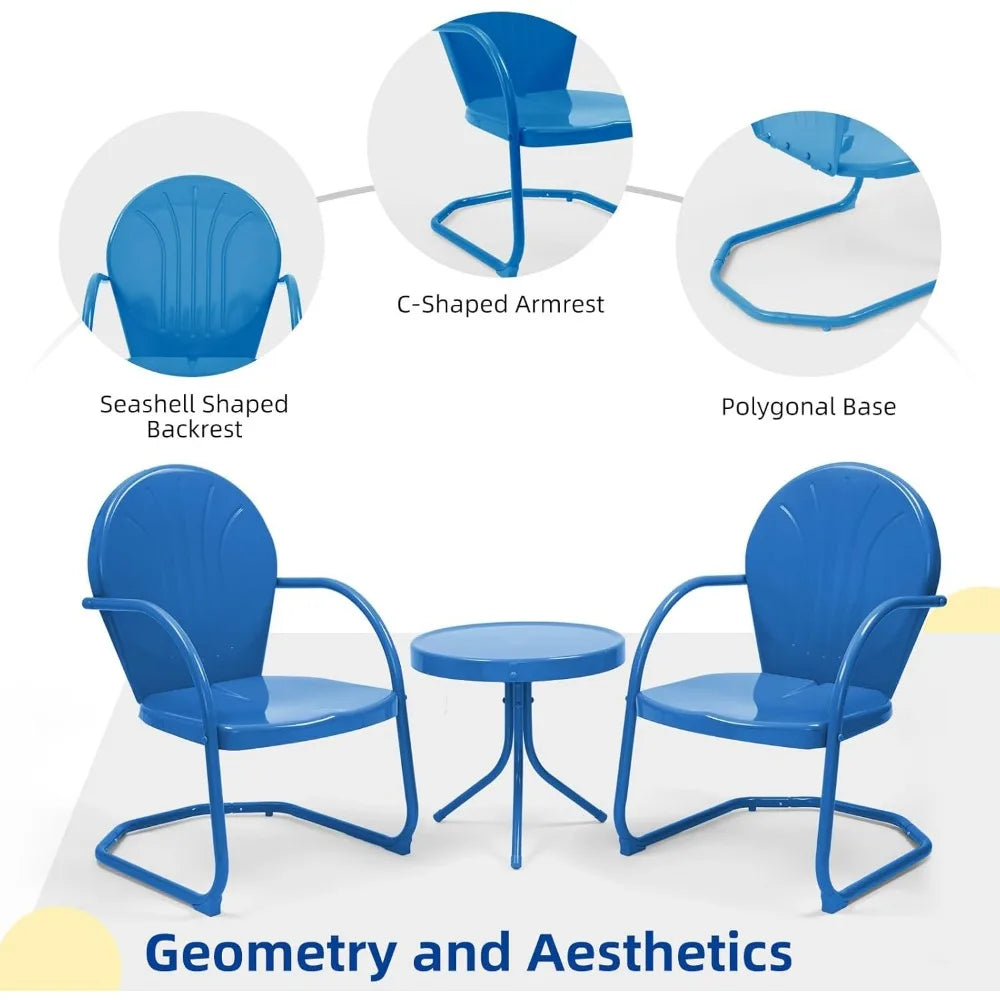Patio Bistro Set Retro Metal Outdoor Seating Conversation 3 Pieces, 2 C-Spring Motion Armchairs and Round Side Table