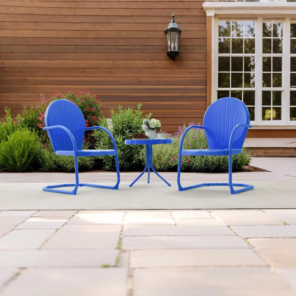 Patio Bistro Set Retro Metal Outdoor Seating Conversation 3 Pieces, 2 C-Spring Motion Armchairs and Round Side Table