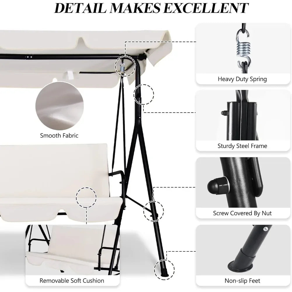3-Seat Patio Swing Chair with Adjustable Canopy, Outdoor Porch Swing with Durable Steel Frame for Patio, Garden, Poolside