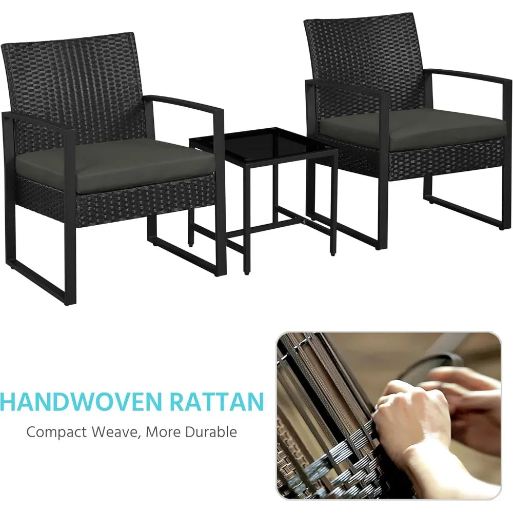 3 Pieces Rattan Bistro Set, Indoor/Outdoor Wicker Patio Modern Conversation Furniture, 2 Chairs & Tempered Glass Coffe Table