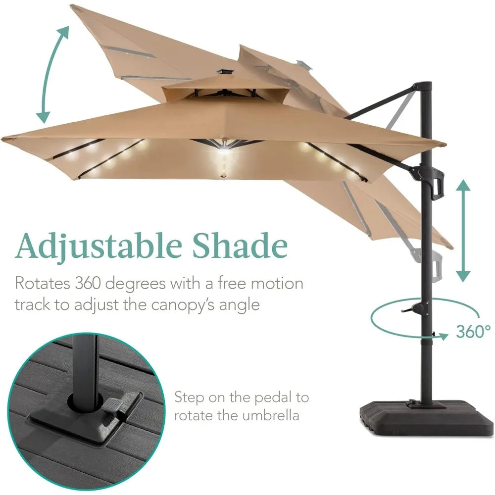 10x10ft Cantilever Patio Umbrella w/Base Included, Solar LED Lights 360 Rotation Large Offset Hanging Outdoor Shade for Deck Po