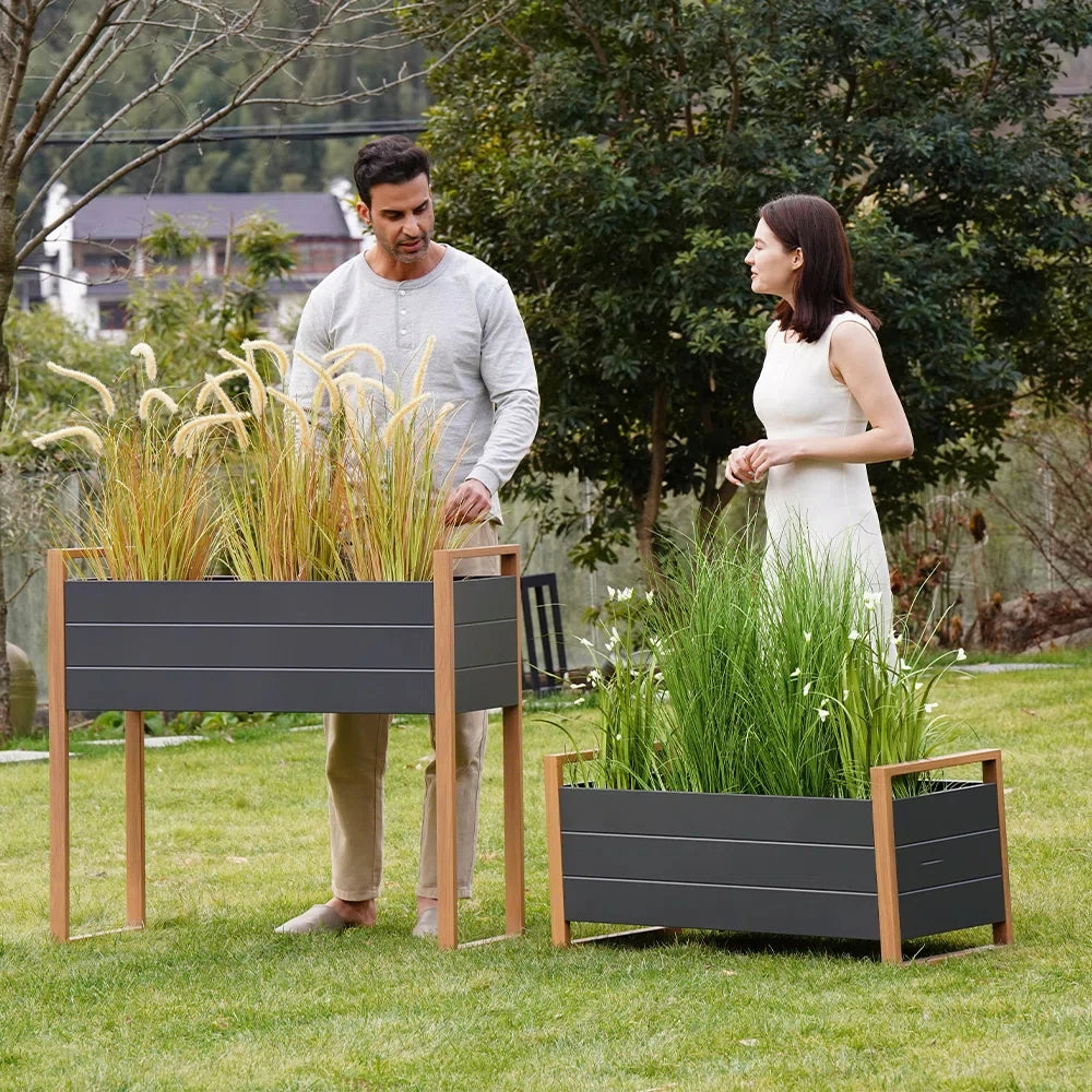 Metal Raised Garden Bed, Outdoor Raised Planter Box with Woodgrain Finish, Elevated Planter Box
