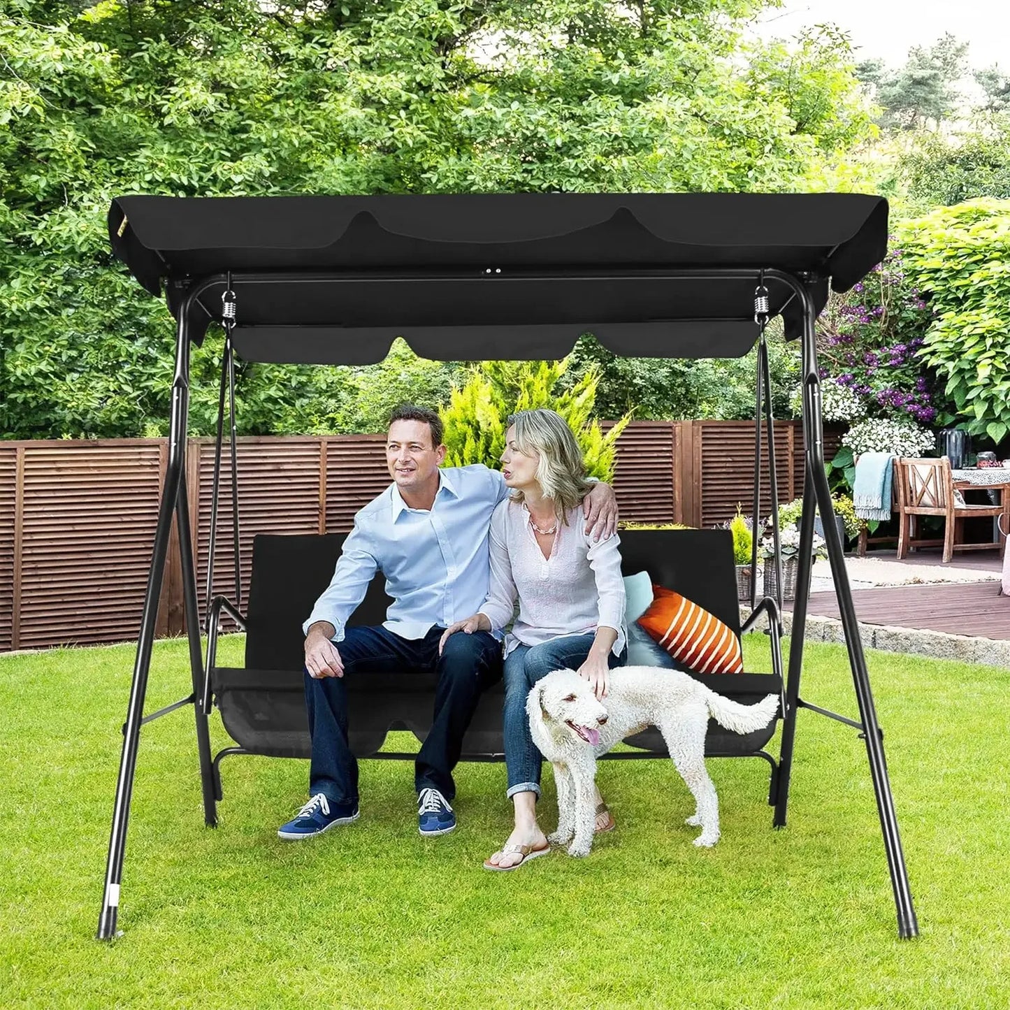 3-Seat Patio Swing Chair with Adjustable Canopy, Outdoor Porch Swing with Durable Steel Frame for Patio, Garden, Poolside
