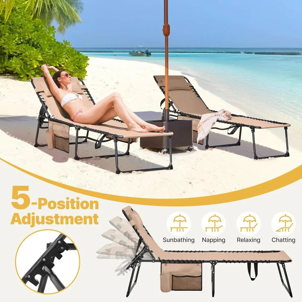 22.4" Outdoor Folding Tanning Chair, Chaise Lounge Chairs with 5 Back Position Adjustable, Extended Portable Lounger for Beach,