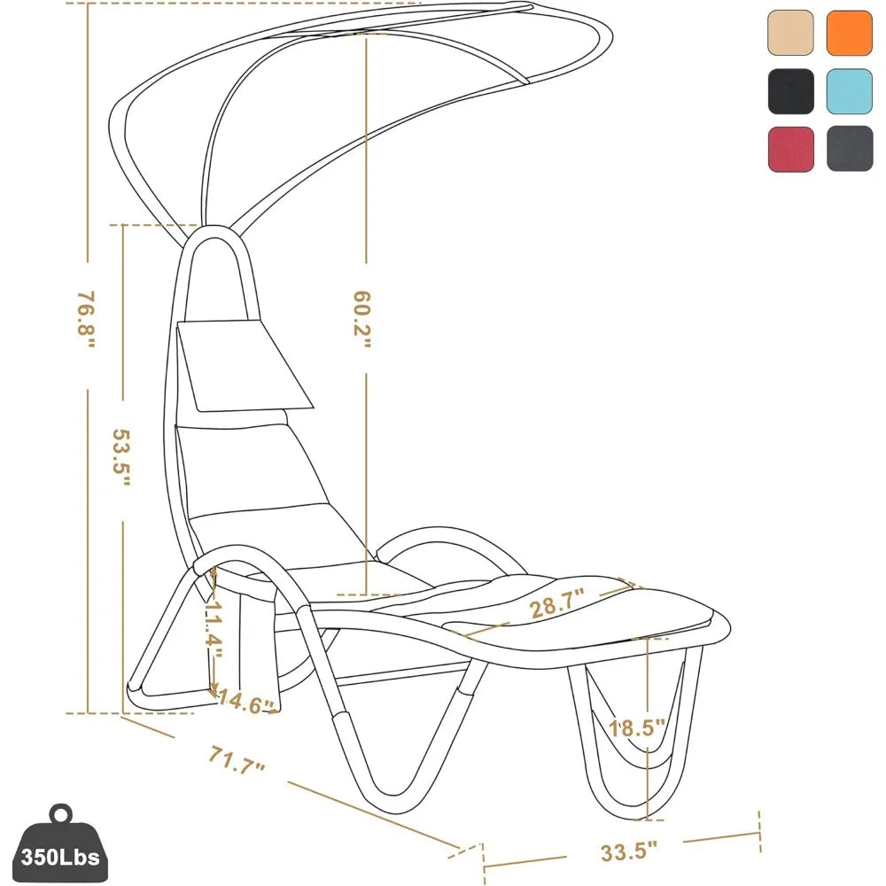 Outdoor Steel Chaise Lounge Chair with Removable Canopy and Cushions, Reclining Chair w/Side Pocket Arc Stand, for Beach