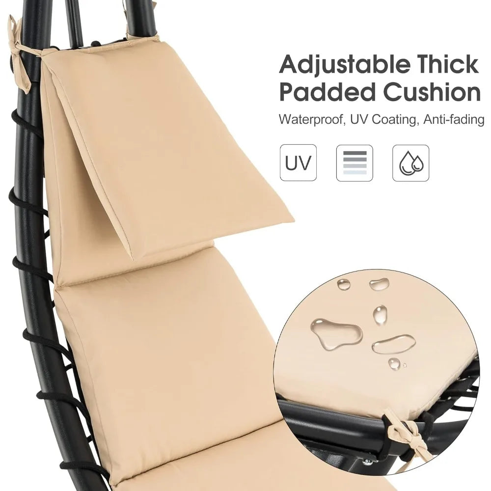 Outdoor Steel Chaise Lounge Chair with Removable Canopy and Cushions, Reclining Chair w/Side Pocket Arc Stand, for Beach