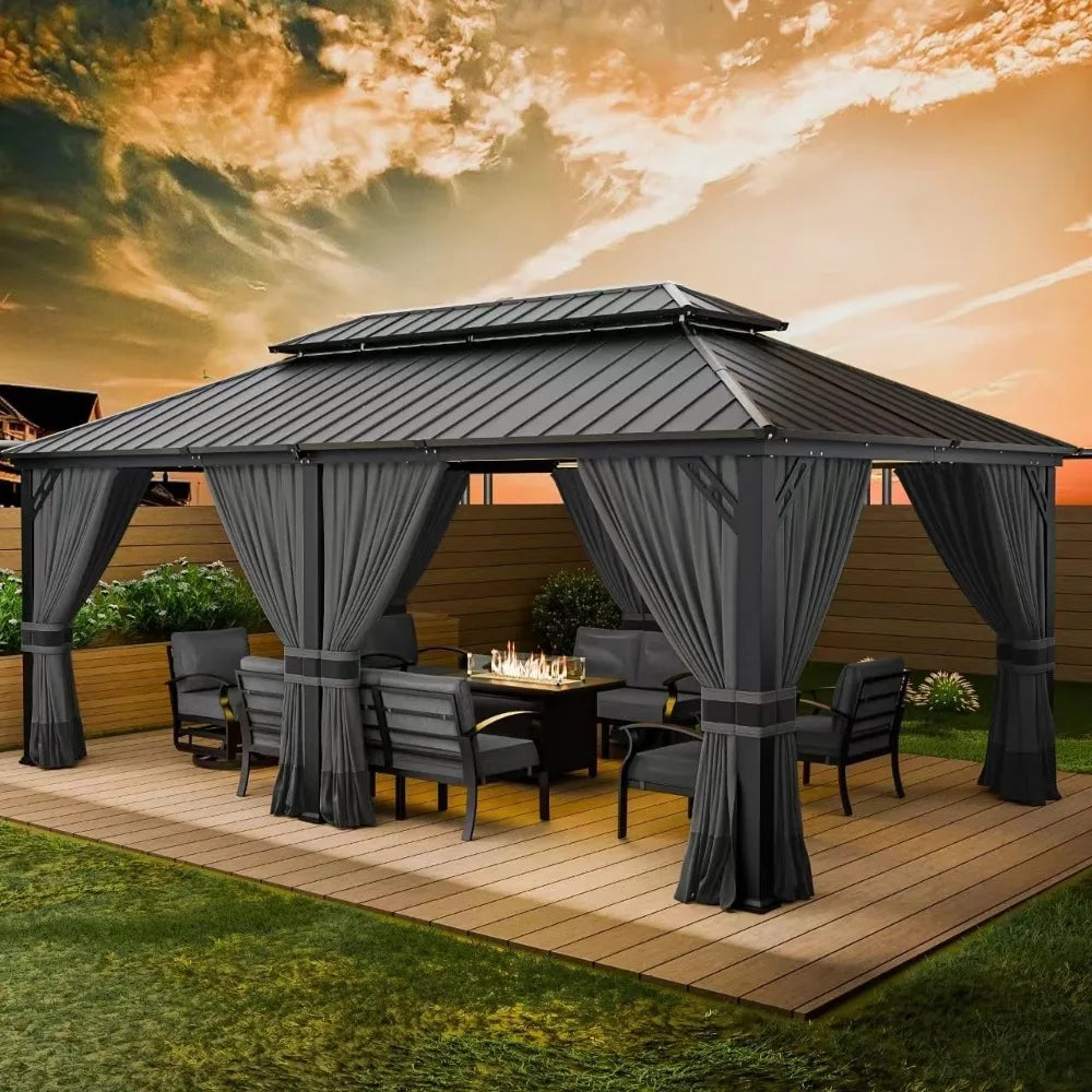 Hardtop Gazebo Outdoor Aluminum Frame Permanent Gazebo Galvanized Steel Double Roof Gazebos with Nettings and