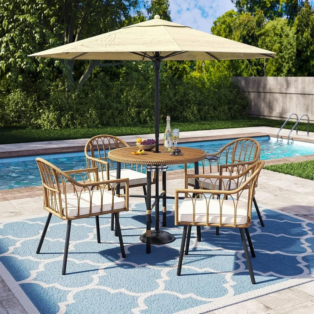 Bistro Chairs Set of 4 Rattan Outdoor Dining Chairs with Arms & Cushions Woven Rattan Chair with Curved Backrest All-Weather Wi